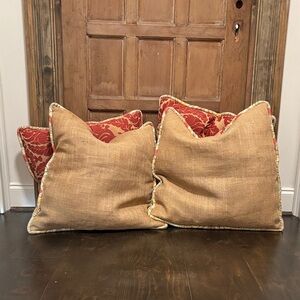 Burlap Throw Pillow with Floral Trim